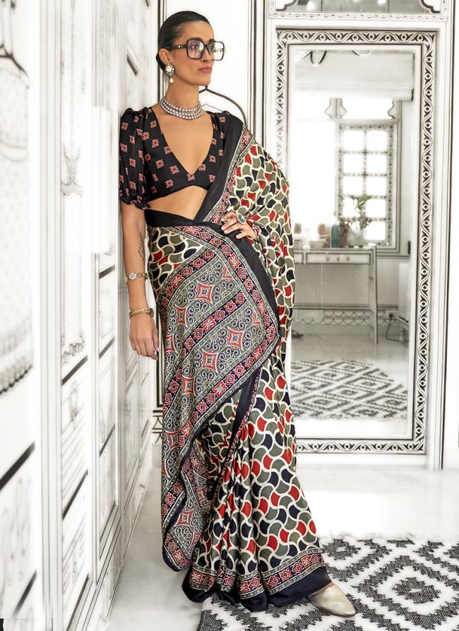 Satin Crape Black Casual Wear Ajarkh Digital Print Saree